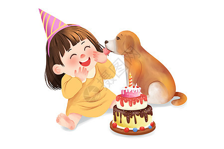 过生日的小女孩与狗狗宠物素材插画图片
