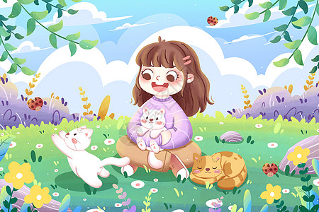 春天女孩与猫咪春游卡通插画高清图片