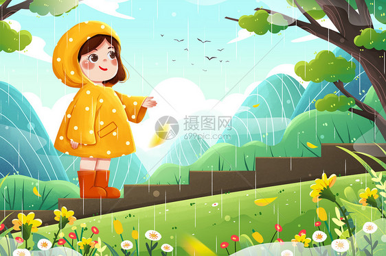 春季踏春出游雨中穿雨衣女孩卡通插画图片