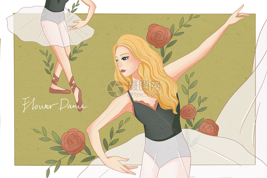 跳芭蕾舞的少女卡通扁平插画图片
