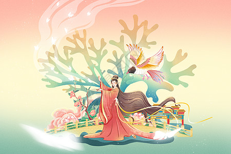 三八女神节插画古风美女起舞女神节中国风创意插画插画