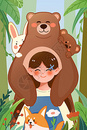 熊抱女孩扁平卡通插画图片
