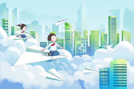城市天空纸飞机在城市上空飞行插画