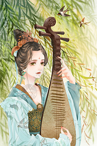 弹琵琶的古代女子古风插画中国风背景图片