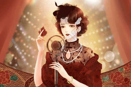 穿旗袍唱歌的女子民国风插画GIF图片