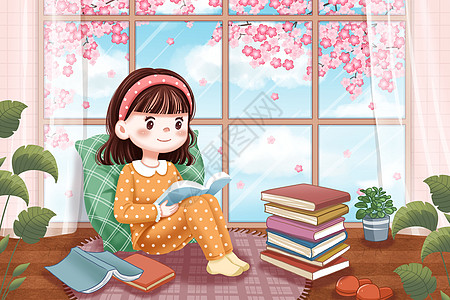 春天居家看书的女孩背景图片