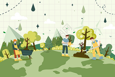 绿色扁平植树节在草地上种树矢量插画图片