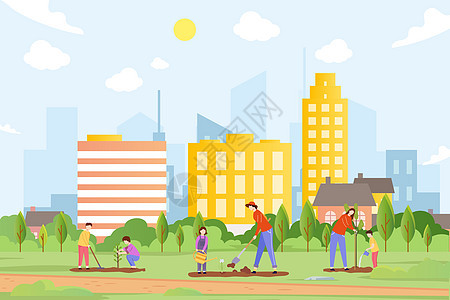 植树节一起绿化城市保护环境扁平插画图片