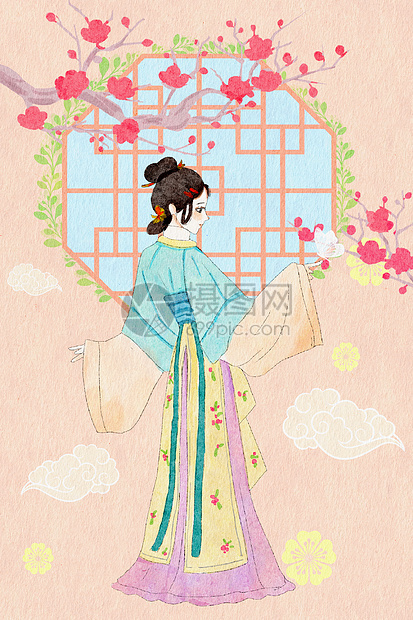 上巳节汉服古风少女插画图片