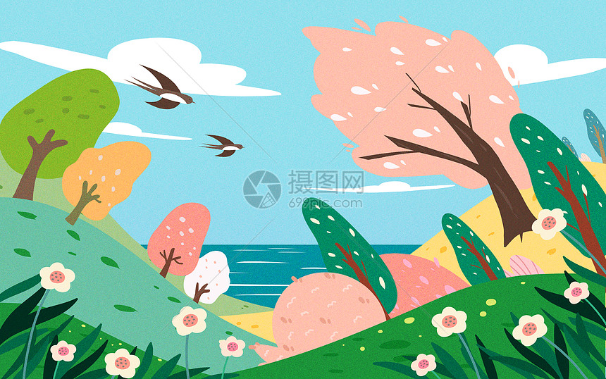 春天春暖花开燕归来扁平插画图片