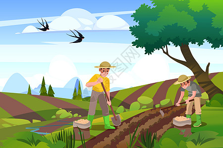 二十四节气之春分农民耕种灌溉田地候鸟归来插画