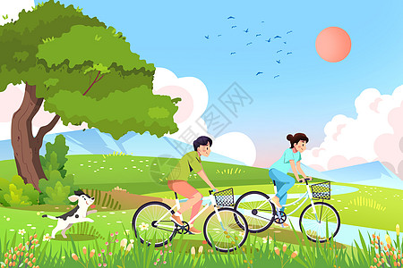 二十四节气之春分情侣春日骑车踏青游玩高清图片