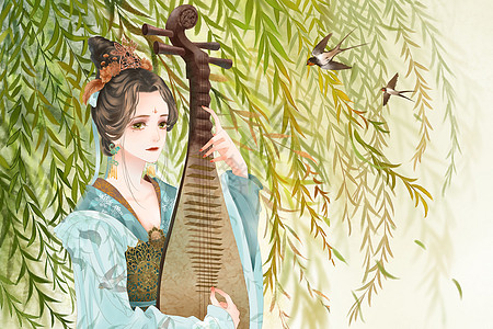 弹琵琶的古代女子古风插画图片