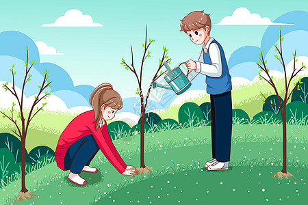 和同学一起种树给小树浇水卡通插画背景图片