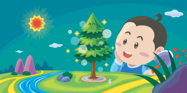 绿色卡通小男孩种树之植树节插画GIF图片