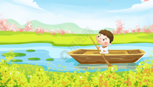 春分时节江畔划船的小朋友GIF图片