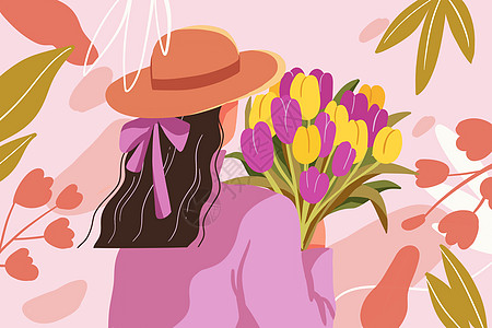 妇女节抱着郁金香花束的少女背影扁平插画图片