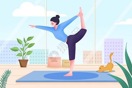 女性瑜伽在室内锻炼身体的女生插画
