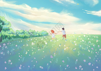 春天夏天草地上奔跑玩耍放风筝的小朋友图片