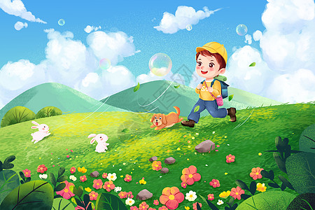 春游踏青旅行看风景卡通人物春游插画图片素材