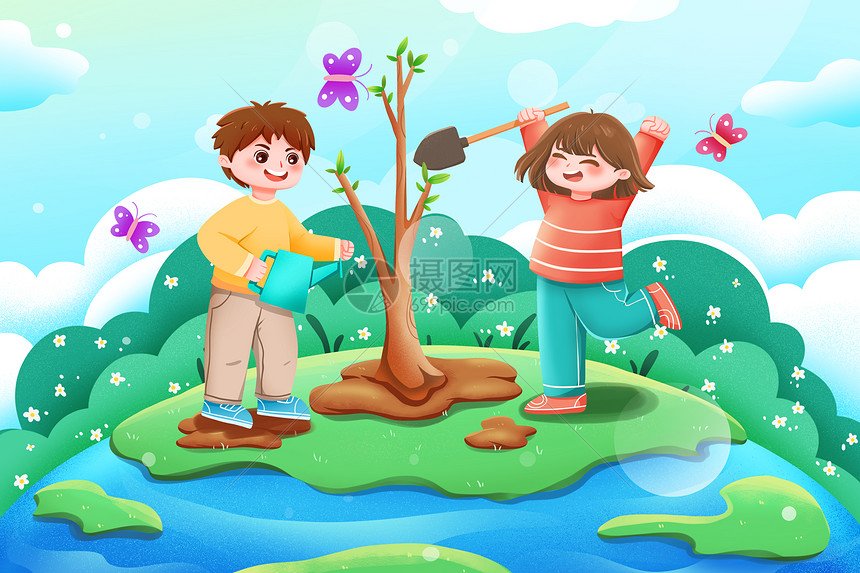 扁平风儿童风植绿色清新树节横版插画图片