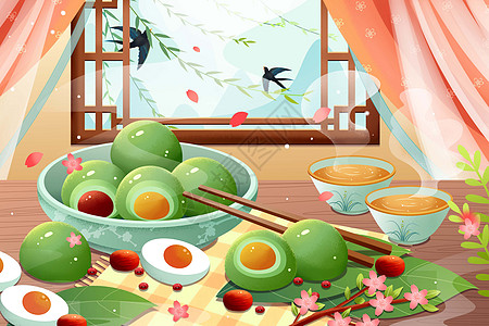 清明寒食时节古风窗棂青团鸭蛋插画图片