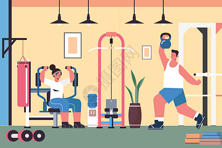 健身房人物插画_健身房人物卡通_健身房人物插图_手绘_板绘_摄图网