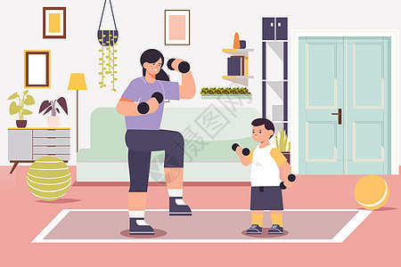 妈妈在家中和孩子一起锻炼身体图片