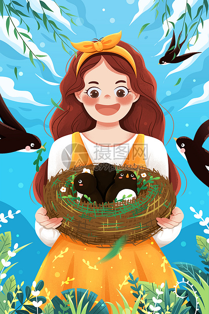 二十四节气春分拿燕子窝女孩与燕子插画图片