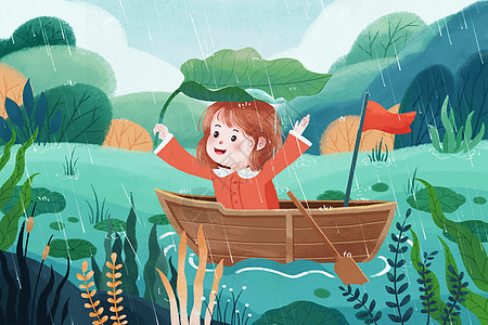 清明节女孩雨天划船游湖主题插画图片