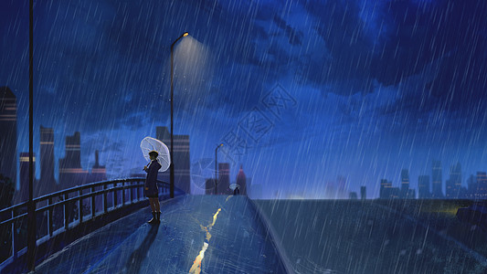 雨天情侣雨中的桥上女孩插图插画