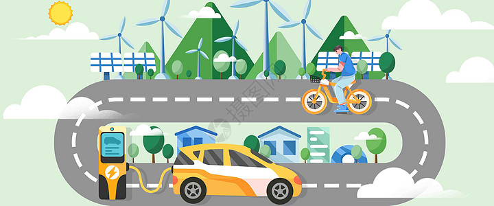 汽车25新能源绿色城市插画banner插画
