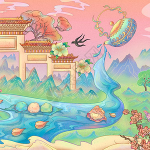 唯美古风建筑茶壶河流创意风景插画图片