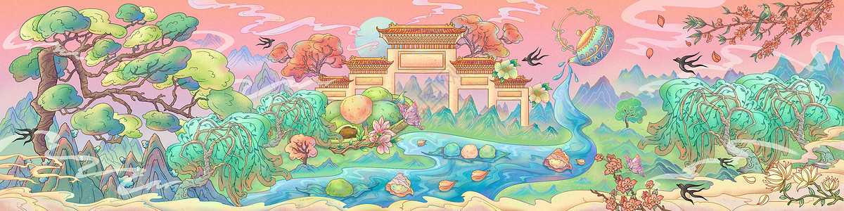 唯美国潮风清明创意风景插画长卷图片素材