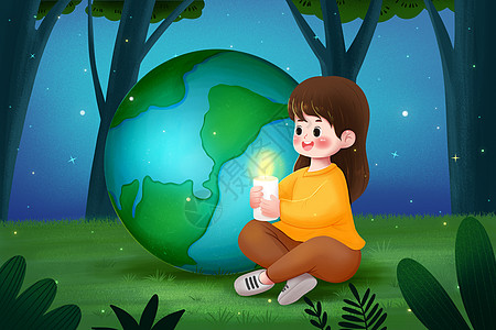 坐在地球边点着蜡烛的女孩插画高清图片