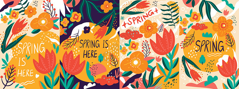 春季扁平手绘花卉拼贴图案合集图片
