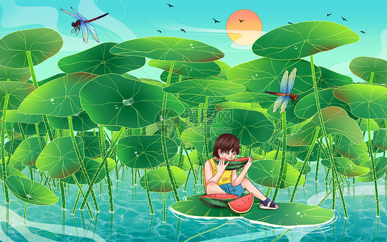 二十四节气立夏在荷叶下吃西瓜的小孩国潮手绘插画图片