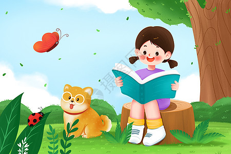 宠物饮水坐在树下看书的女孩插画插画