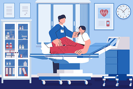 医疗设备医生在医疗床治疗病人矢量插画图片