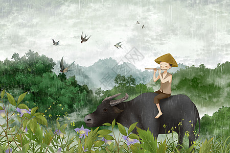 谷雨放牛的牧童田园插画高清图片