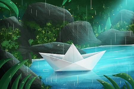 谷雨二十四节气下雨天纸船治愈插画背景图片