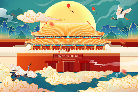 中国风国潮山水建筑插画图片