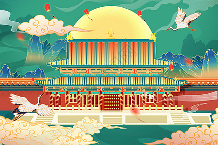 中国风国潮山水建筑插画图片