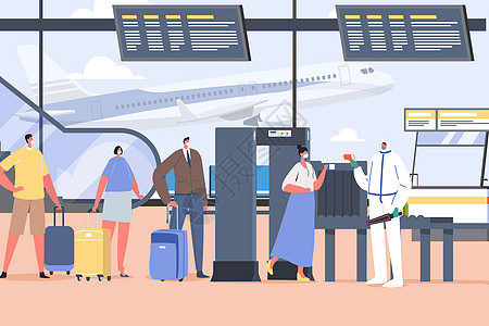 飞机安检机场旅客排队接受测温出示行程码插画
