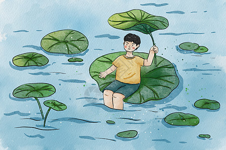 中国风立夏夏天节气池塘荷叶水彩国风男孩插画