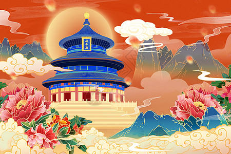 中国风建筑中国风国潮唯美山水建筑风景插画插画