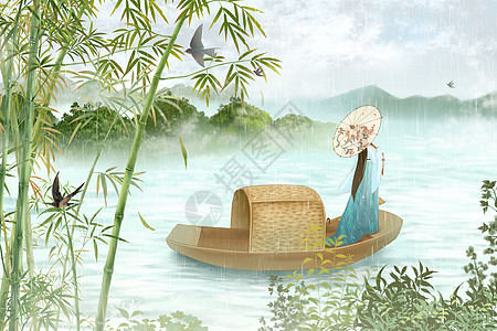 谷雨撑着油纸伞站在船上的古代女子古风插画图片