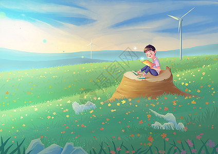 夏季草地树桩上中阅读的少年背景图片