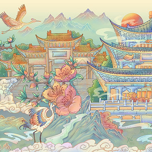 云南城市建筑国潮风插画图片