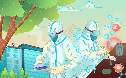疫情防疫抗疫科研病毒研究医务人员国潮手绘插画背景图片